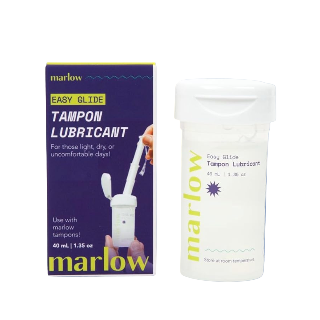 Marlow Easy Glide Tampon Lubricant packaging and container on a blue background